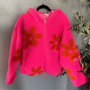 JODIFL Pink And Orange Floral Sherpa Zip Up Jacket